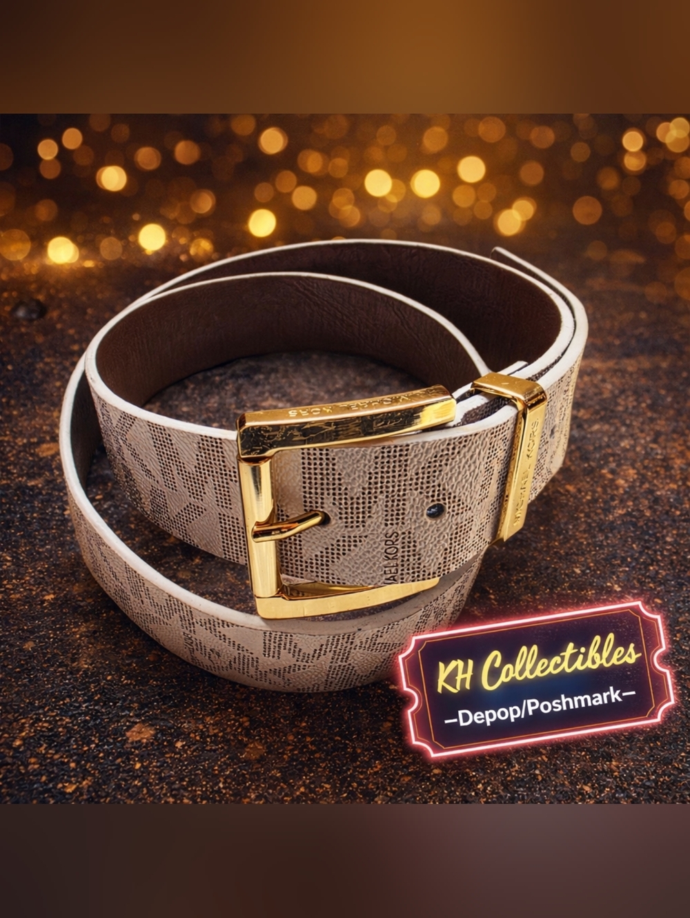Michael Kors White Monogram MK Logo Belt Gold Buckle Style 553143 L